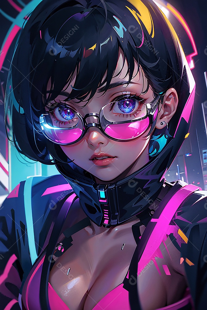 Anime pastel Sonho Cyberpunk menina adulto modelo cabelo curto olho