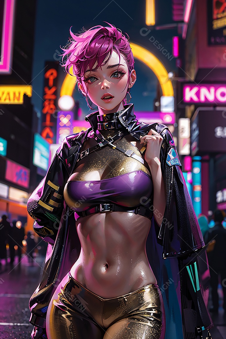 Anime pastel Sonho Cyberpunk menina adulto modelo cabelo curto olho