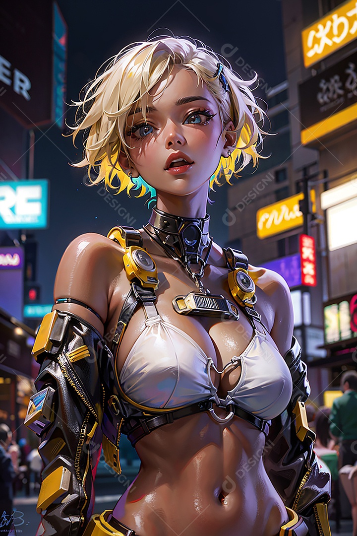 Anime pastel Sonho Cyberpunk menina adulto modelo cabelo curto olho