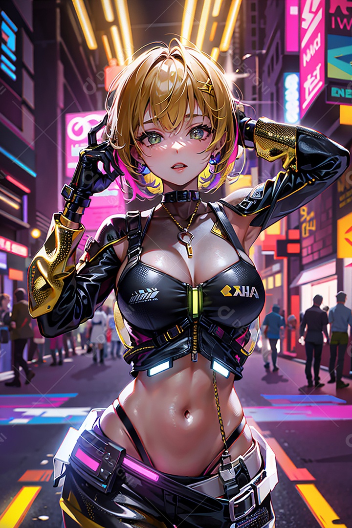 Anime pastel Sonho Cyberpunk menina adulto modelo cabelo curto olho