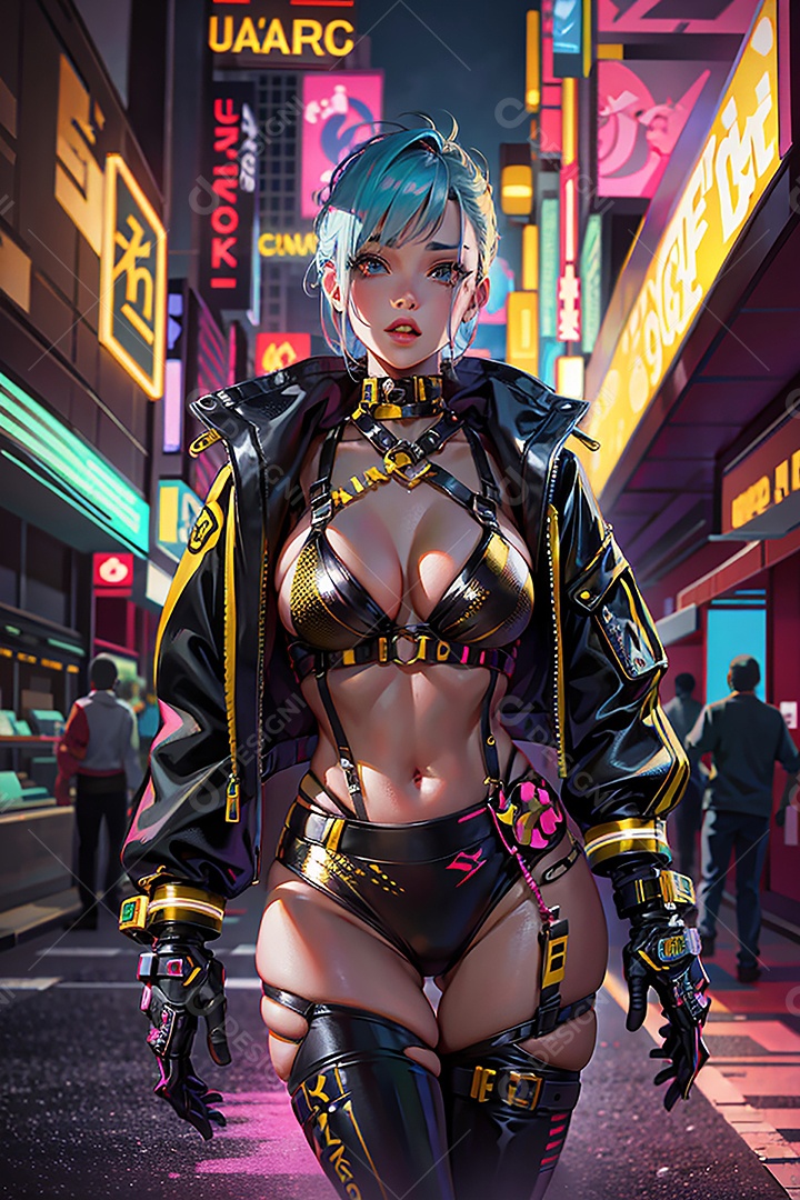 Anime pastel Sonho Cyberpunk menina adulto modelo cabelo curto olho