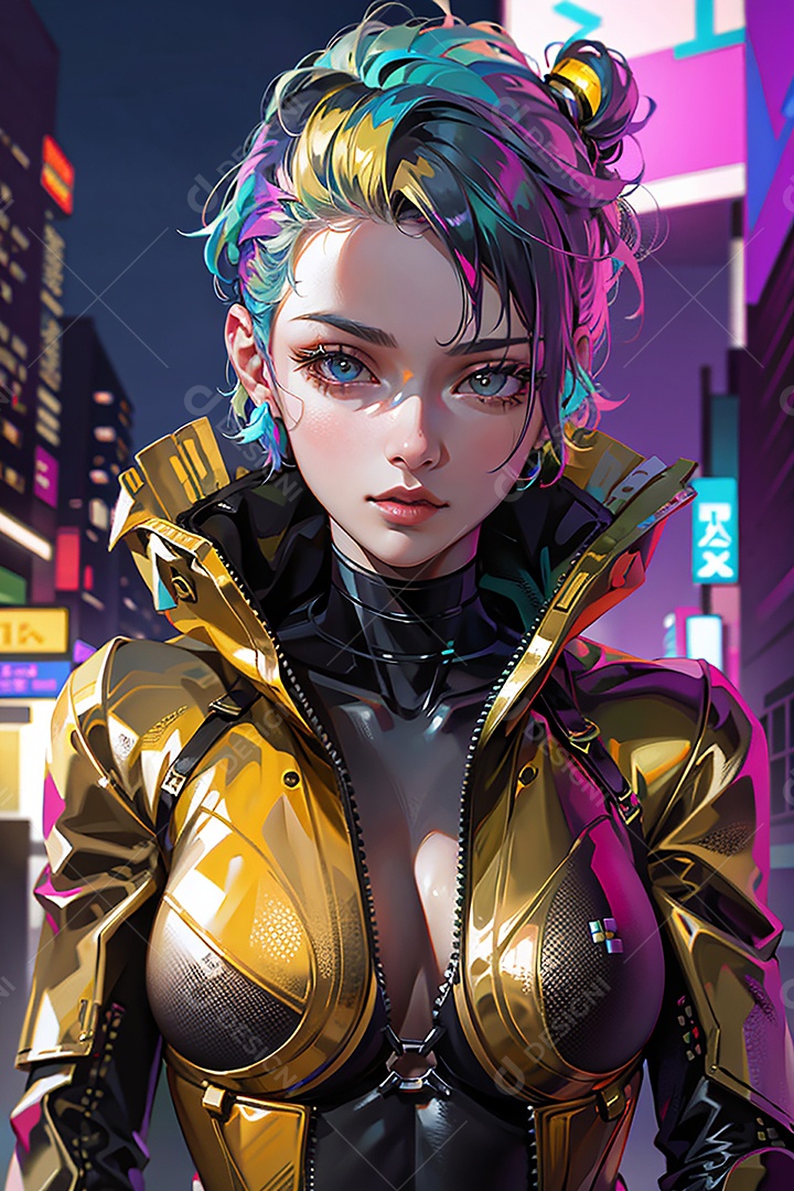 Anime pastel Sonho Cyberpunk menina adulto modelo cabelo curto olho