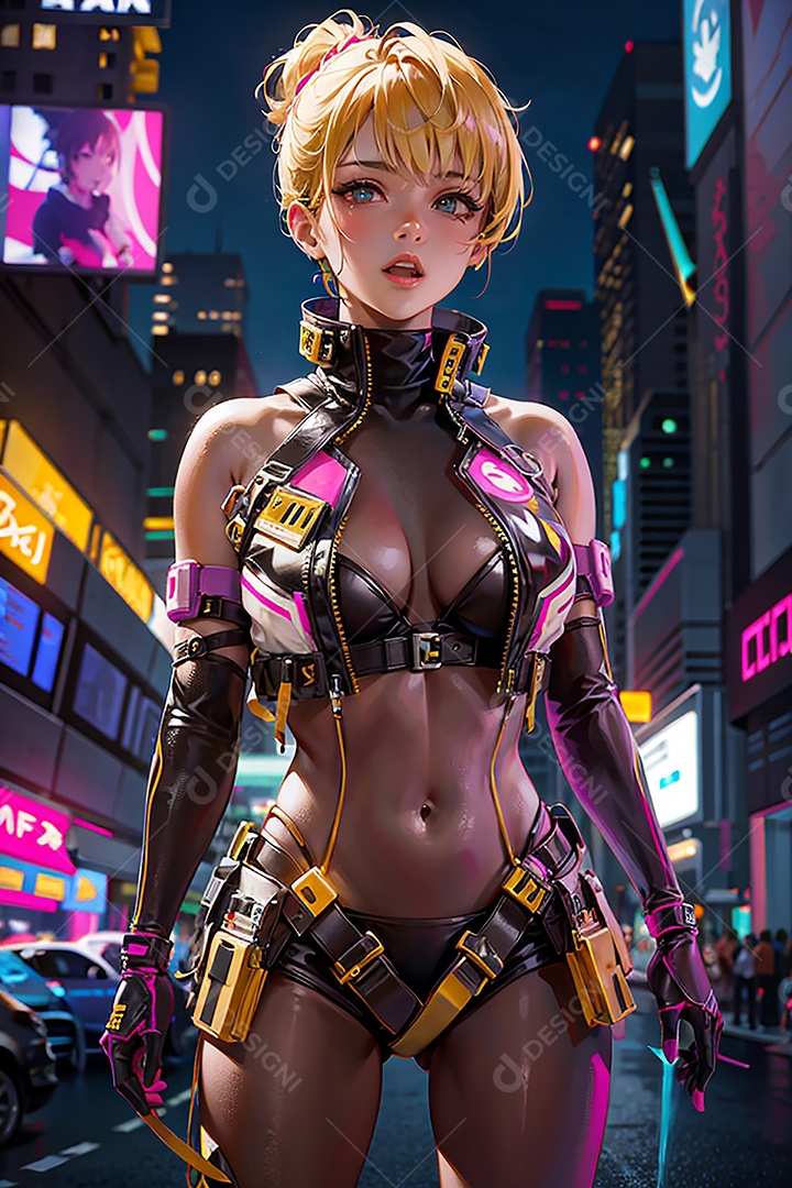 Anime pastel Sonho Cyberpunk menina adulto modelo cabelo curto olho