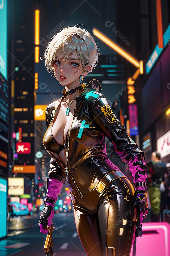 Anime pastel Sonho Cyberpunk menina adulto modelo cabelo curto olho