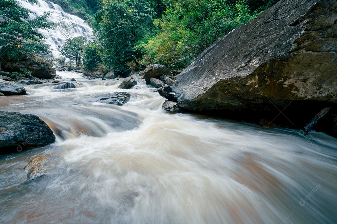 Bela cachoeira em exuberante floresta verde tropical. Paisagem natural.