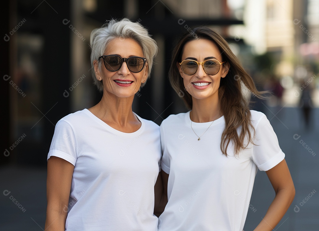 Mãe e filha vestindo uma camiseta branca vazia para modelo de design