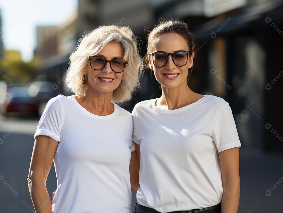 Mãe e filha vestindo uma camiseta branca vazia para modelo de design