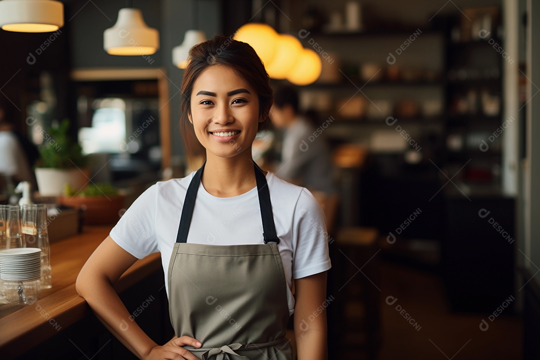 Mulher asiática confiante e usando avental em sua loja