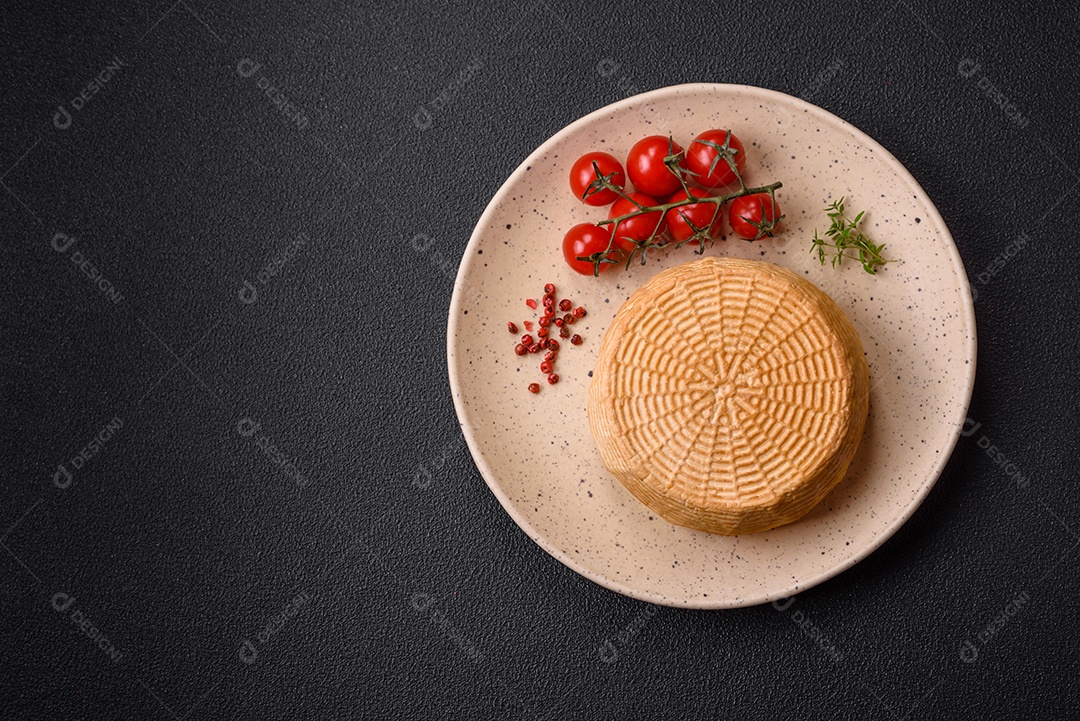 Delicioso queijo artesanal feito de leite de vaca ou cabra sobre um fundo escuro de concreto