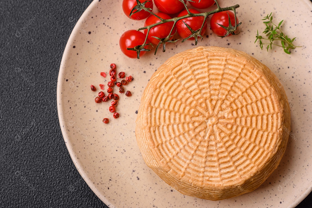 Delicioso queijo artesanal feito de leite de vaca ou cabra sobre um fundo escuro de concreto