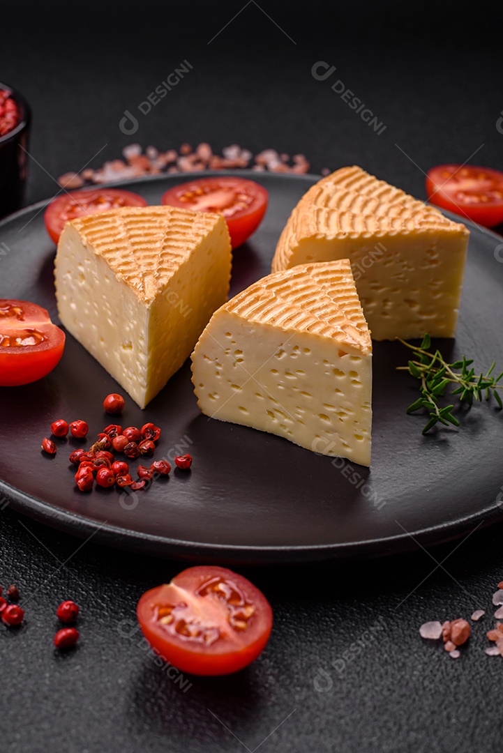Delicioso queijo artesanal feito de leite de vaca ou cabra sobre um fundo escuro de concreto