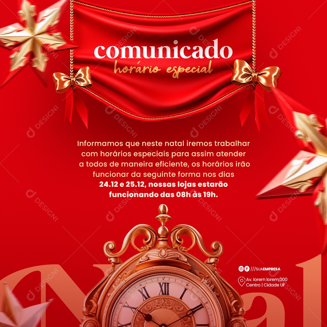 Comunicado Horário Especial Natal Social Media PSD Editável