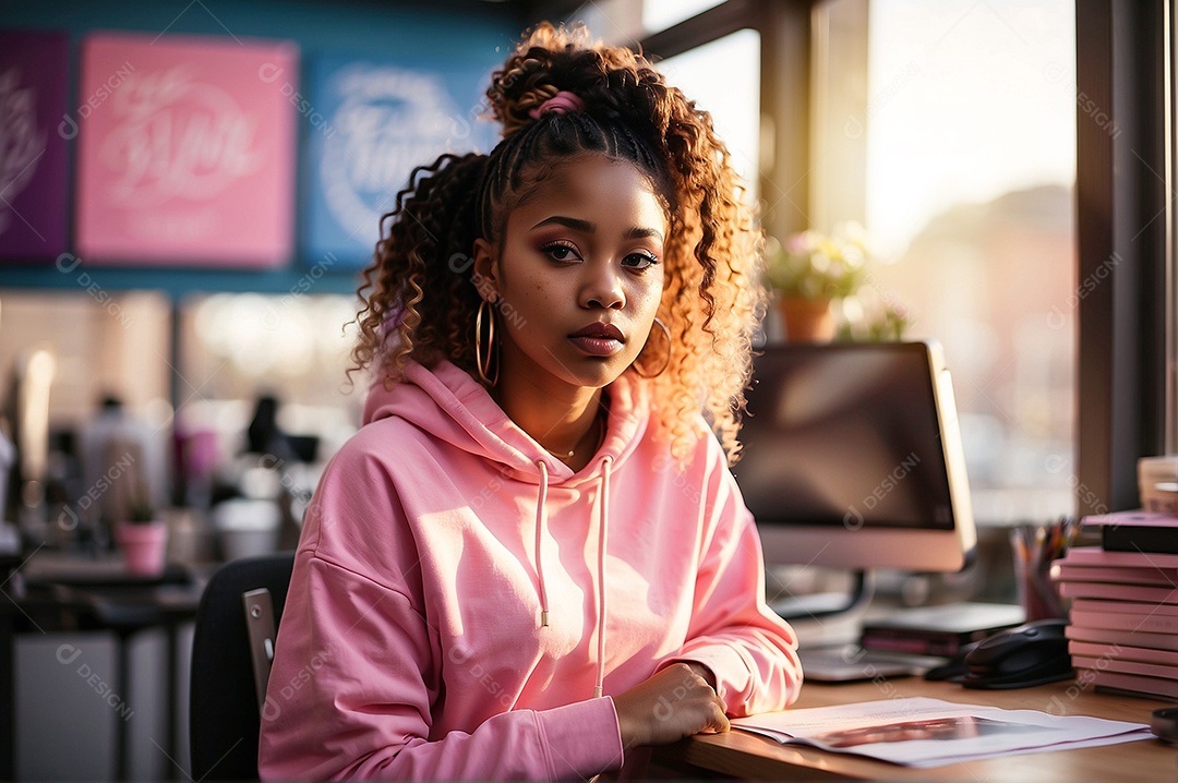 Adolescente negra com cabelo rosa em um fundo colorido
