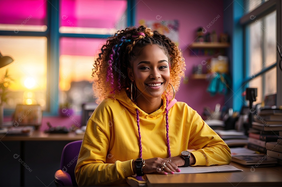 Adolescente negra com cabelo rosa em um fundo colorido