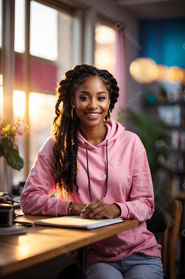 Adolescente negra com cabelo rosa em um fundo colorido