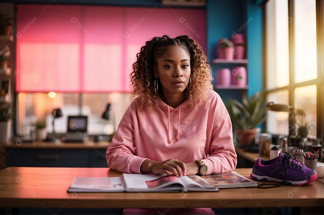 Adolescente negra com cabelo rosa em um fundo colorido