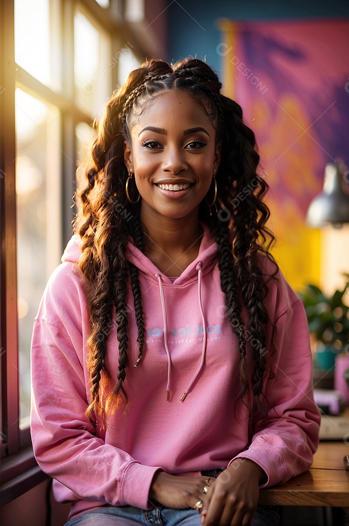 Adolescente negra com cabelo rosa em um fundo colorido