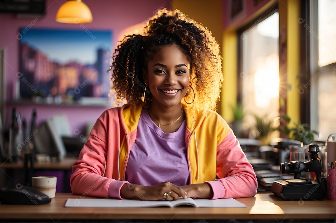 Adolescente negra com cabelo rosa em um fundo colorido