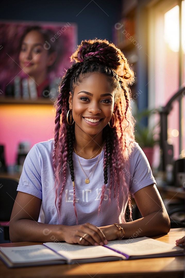 Adolescente negra com cabelo rosa em um fundo colorido
