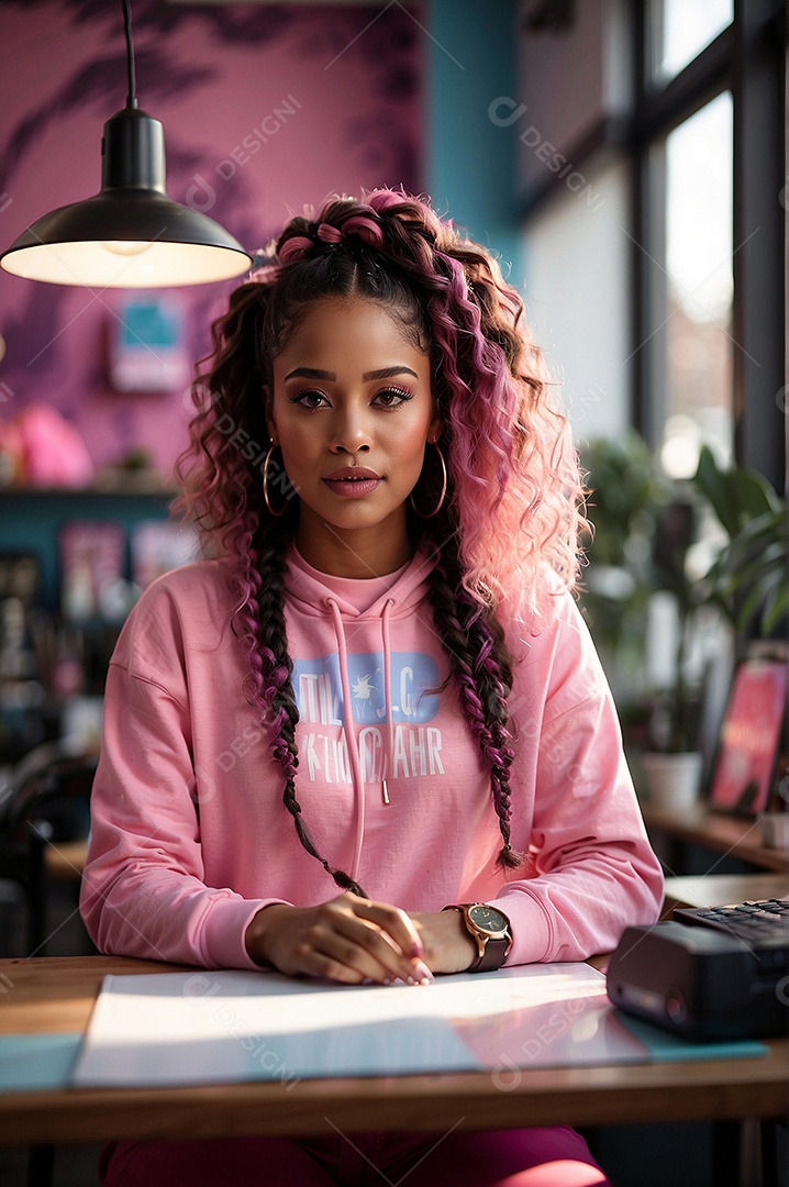 Adolescente negra com cabelo rosa em um fundo colorido