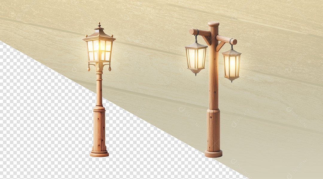 Poste de Madeira e Luminárias Elemento 3D para Composição PSD
