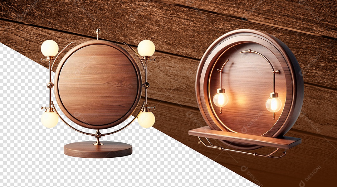 Painel de Madeira Circular com Lâmpadas Elemento 3D para Composição PSD