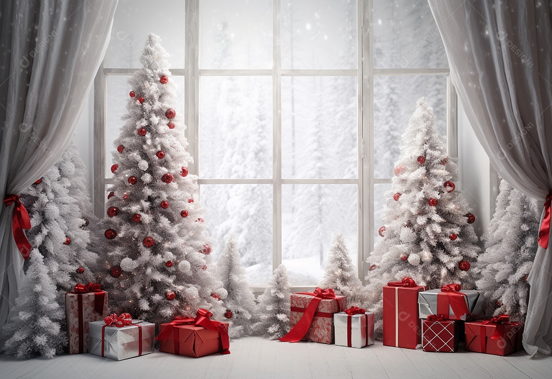 Cenário de árvore de natal e caixas de presentes