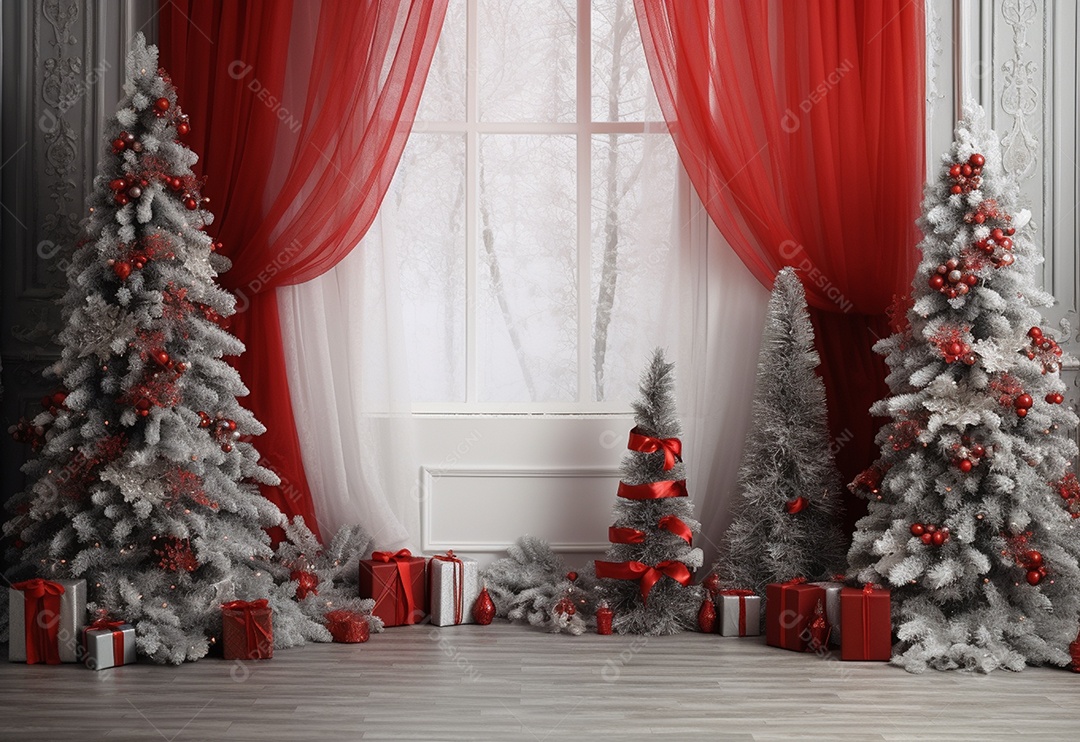 Cenário de árvore de natal e caixas de presentes