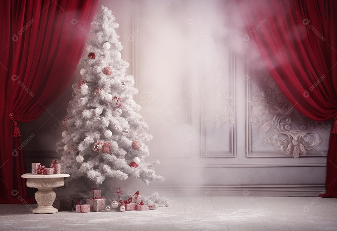 Cenário de árvore de natal e caixas de presentes