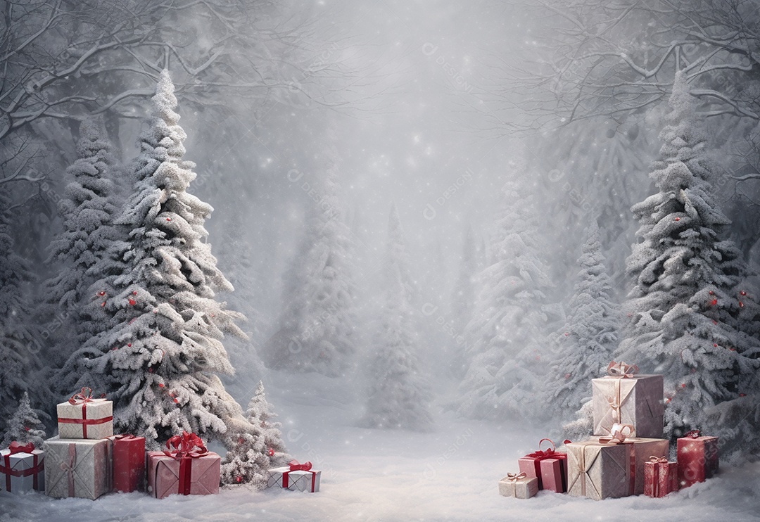 Cenário de árvore de natal e caixas de presentes