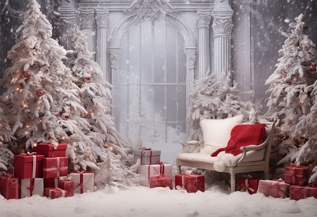 Cenário de árvore de natal e caixas de presentes