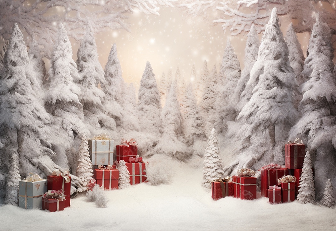 Cenário de árvore de natal e caixas de presentes