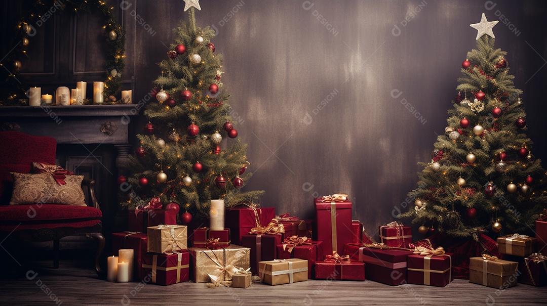 Cenário de árvore de natal e caixas de presentes