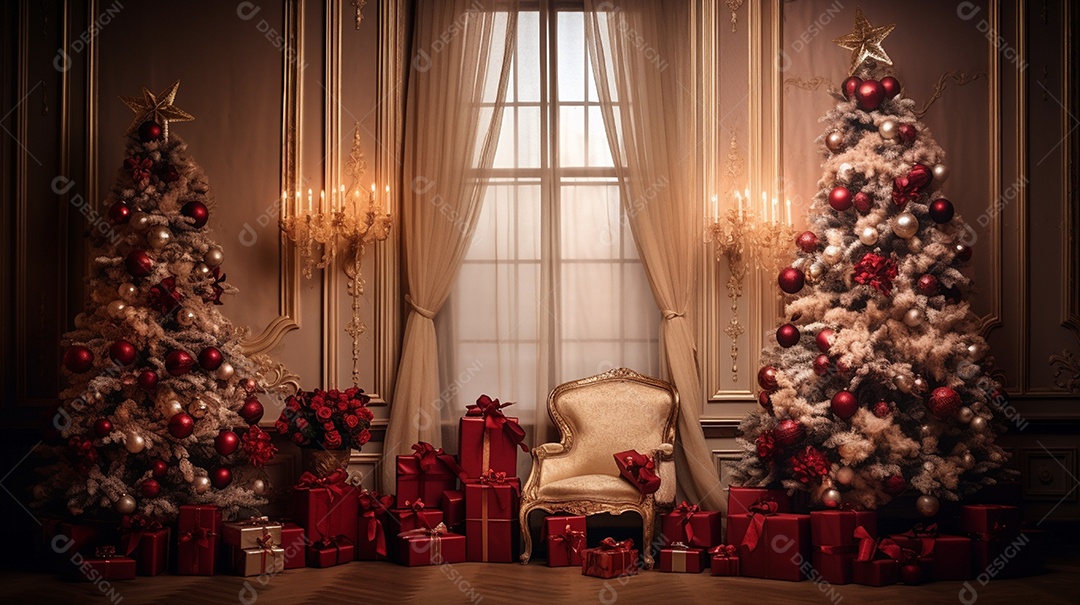 Cenário de árvore de natal e caixas de presentes