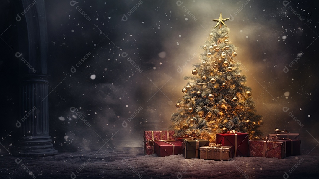 Cenário de árvore de natal e caixas de presentes