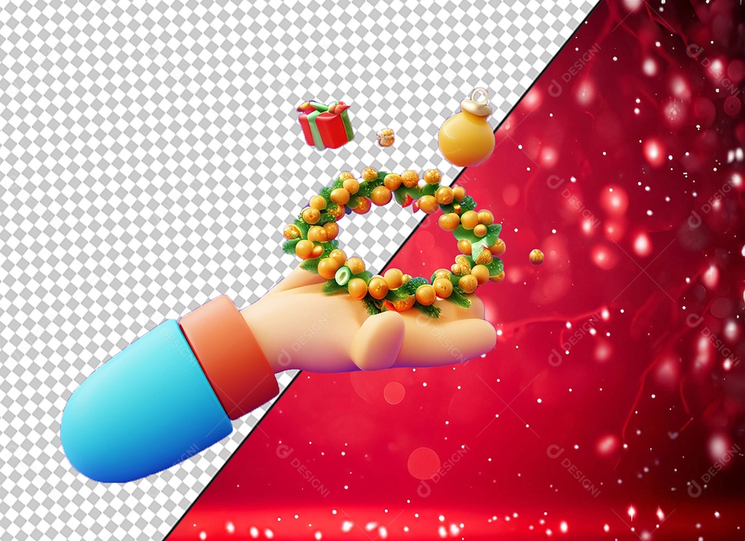 Elemento 3D Mão Segurando Guirlanda de Natal para Composição PSD