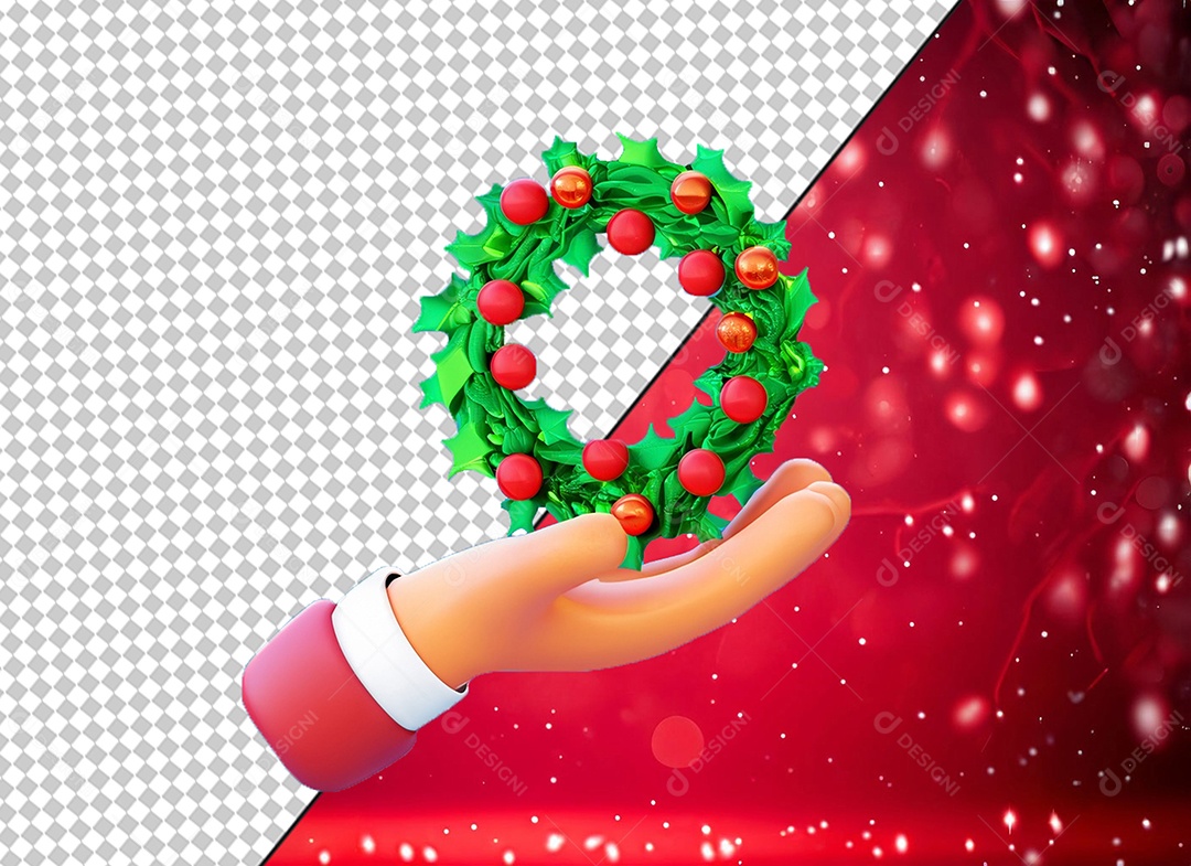 Elemento 3D Mão Segurando Guirlanda Verde de Natal para Composição PSD