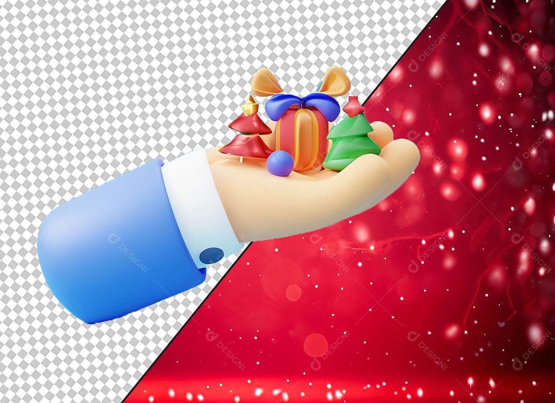 Elemento 3D Mão Segurando Enfeites de Natal para Composição PSD