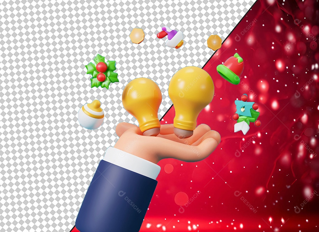 Elemento 3D Mão Segurando Enfeites de Natal para Composição PSD