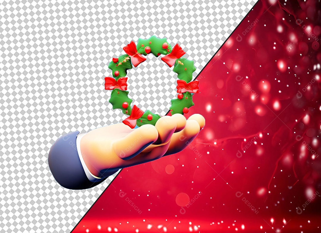 Elemento 3D Mão Segurando Guirlanda de Natal para Composição PSD