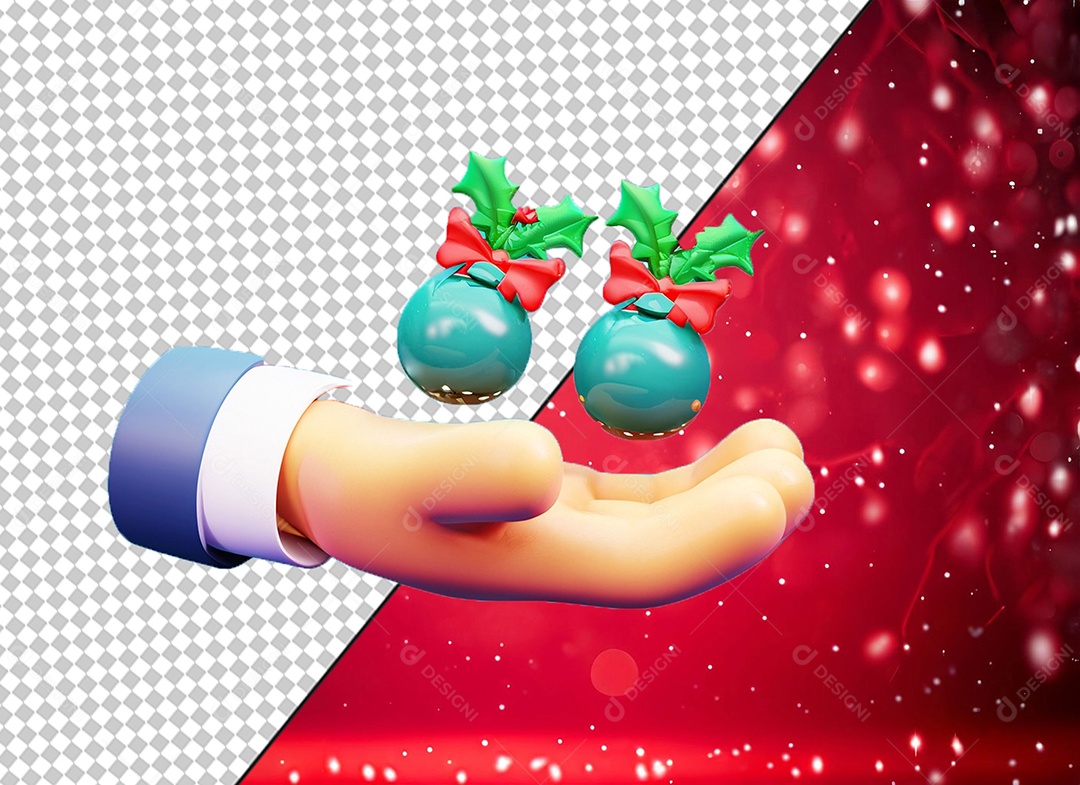 Mão Segurando Bolas para Enfeite de Natal Elemento 3D para Composição PSD