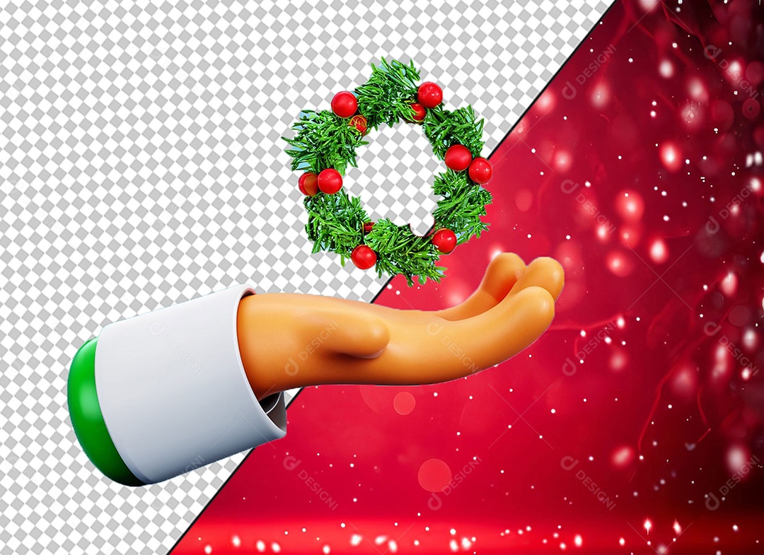 Elemento 3D Mão Segurando Guirlanda de Natal para Composição PSD