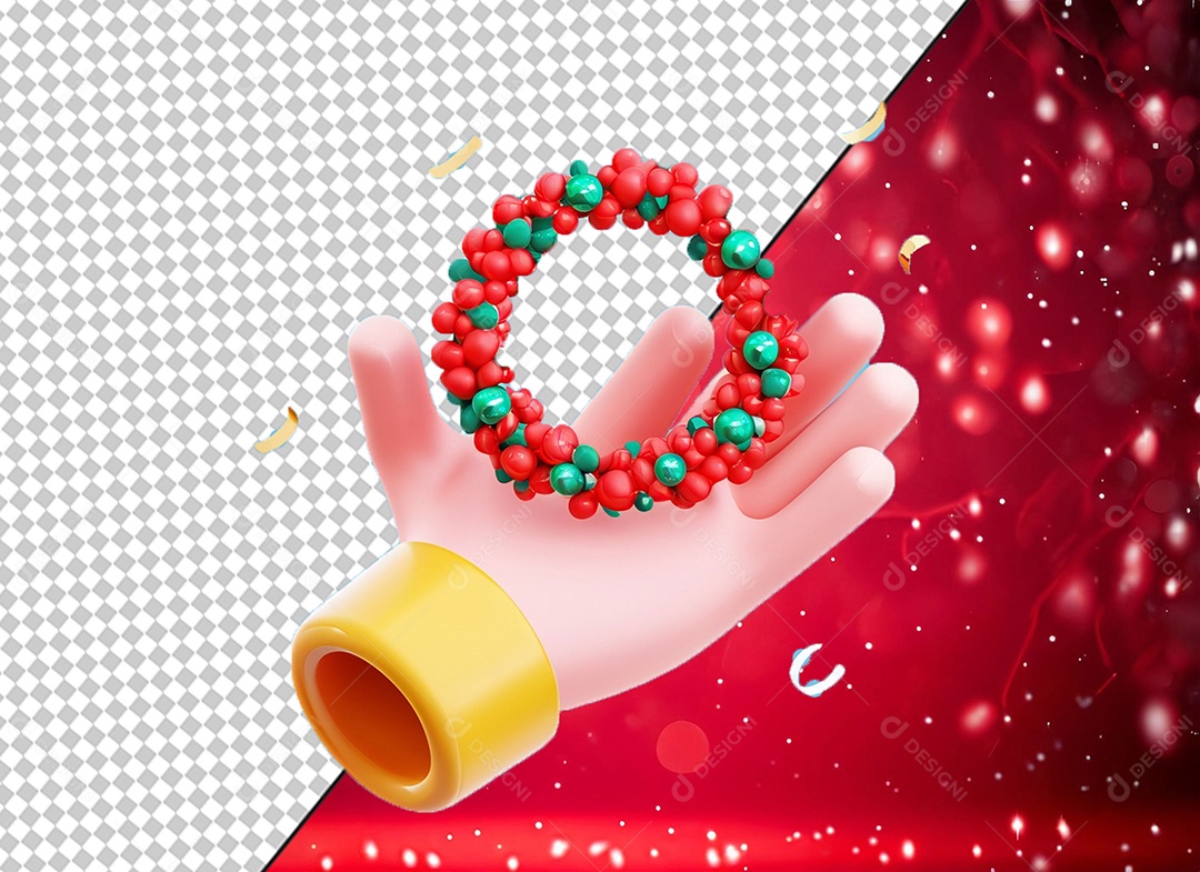 Elemento 3D Mão Segurando Guirlanda de Natal para Composição PSD