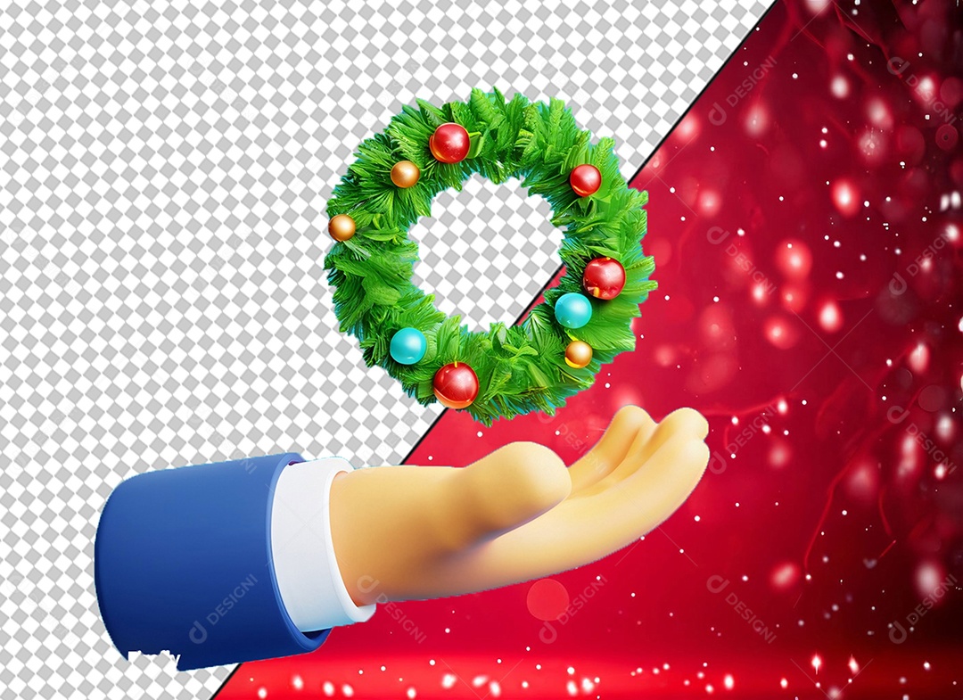 Elemento 3D Mão Segurando Guirlanda de Natal para Composição PSD