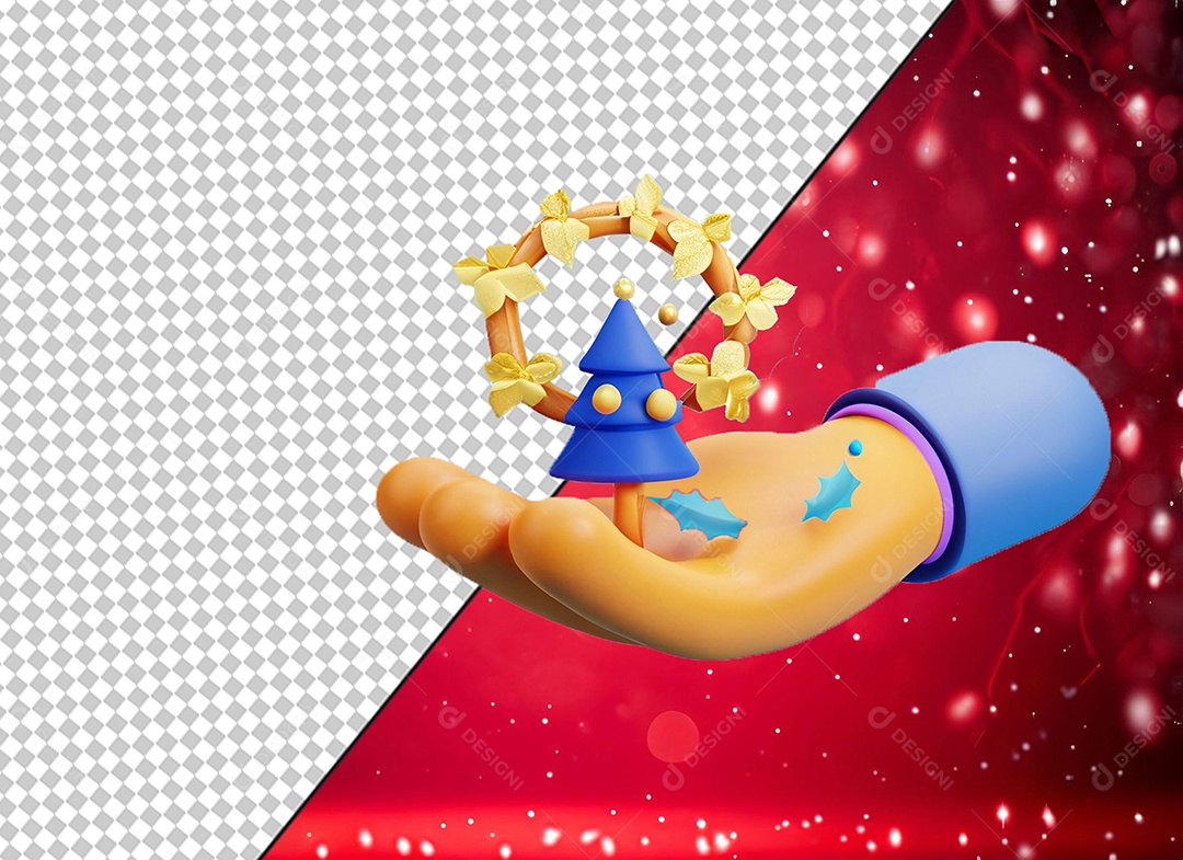 Mão Segurando Árvore Guirlanda e Enfeites de Natal Elemento 3D para Composição PSD