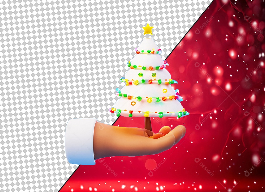 Mão Segurando Árvore de Natal Branca Elemento 3D para Composição PSD