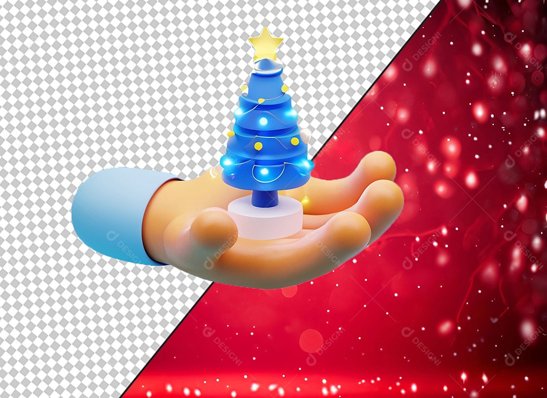Mão Segurando Árvore de Natal Azul Elemento 3D para Composição PSD