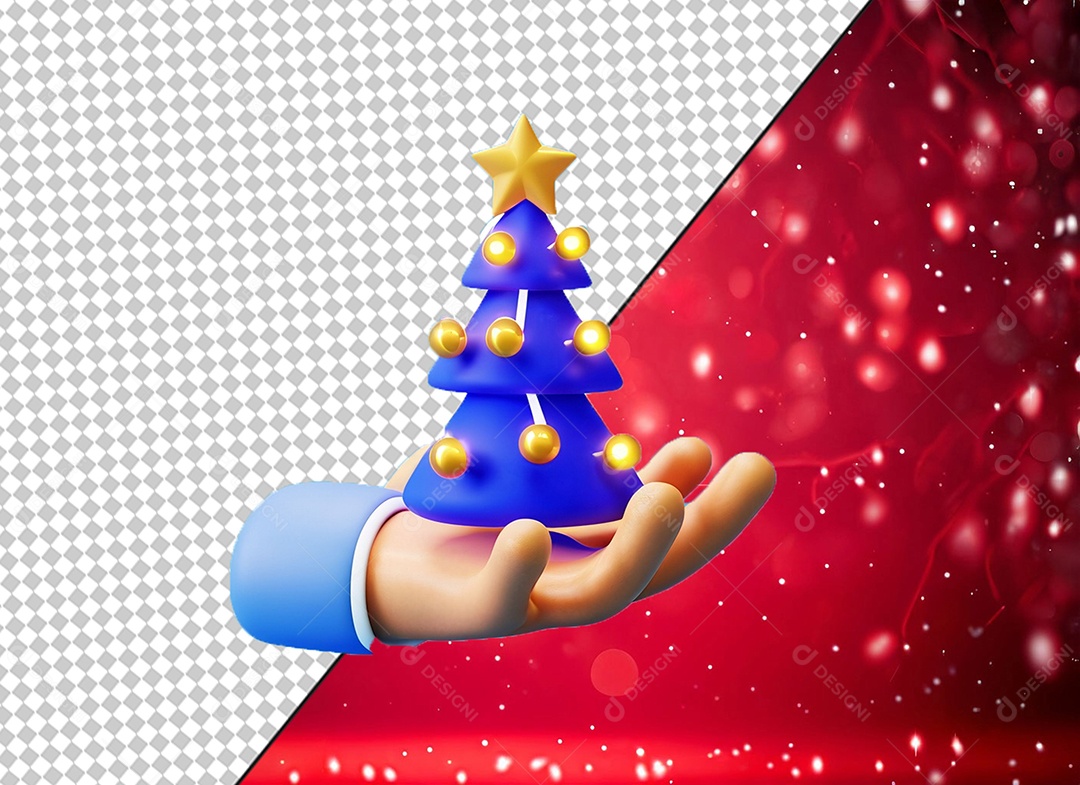 Mão Segurando Árvore de Natal Azul Elemento 3D para Composição PSD