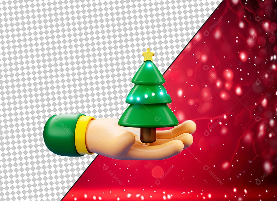 Mão Segurando Árvore de Natal Verde Elemento 3D para Composição PSD