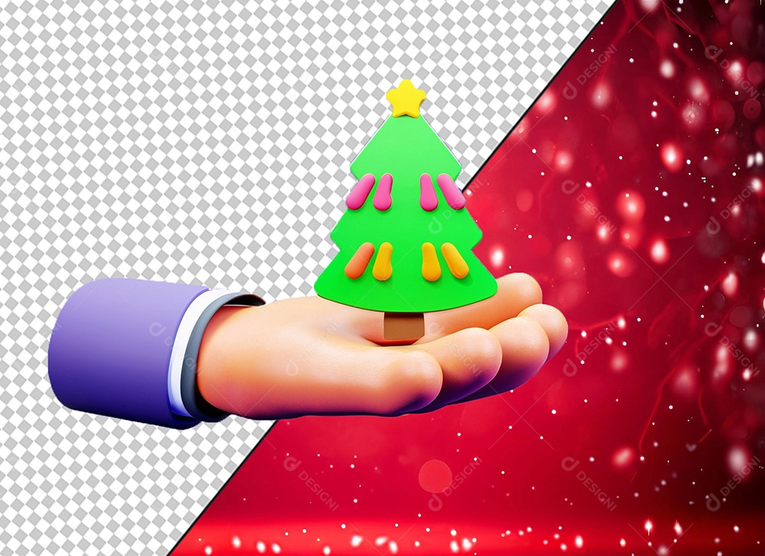 Mão Segurando Árvore de Natal Verde com Decoração Elemento 3D para Composição PSD